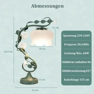 Vintage noční lampa se skleněným stínidlem z konvalinek a 6 keramickými růžemi a kovovými listy Retro stolní lampa