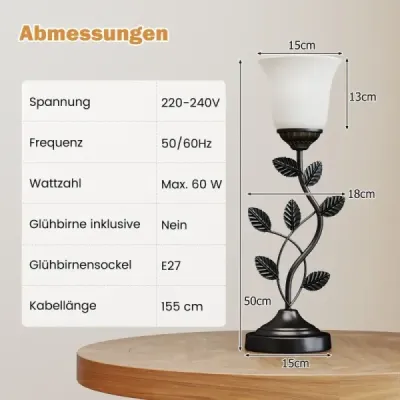 Vintage noční lampa se stínidlem z tulipánového skla a kovovými listy Retro noční lampa