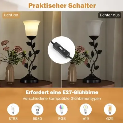 Vintage noční lampa se stínidlem z tulipánového skla a kovovými listy Retro noční lampa