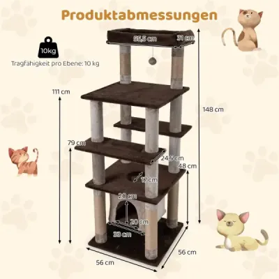Velký vícepatrový kočičí strom, 148 cm vysoká kočičí věž s houpacím nafukovacím plyšovým pelíškem, hnědý