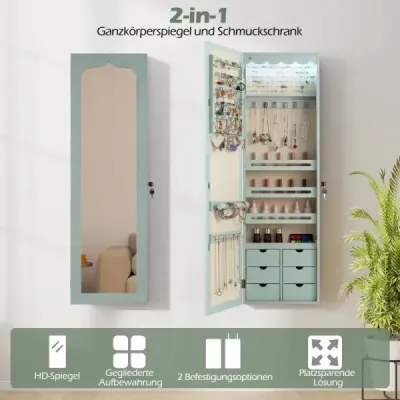 Šperkovnice s LED Uzamykatelná nástěnná/dveřová šperkovnice se zrcadlem a 6 zásuvkami Zelená barva
