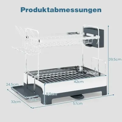 Dvoupatrový kovový odkapávač na nádobí s držáky na sklenice, talíře, misky a šálky, stříbrný