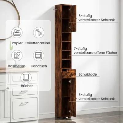 Úzká koupelnová skříňka se 2 dvířky a 1 zásuvkou a nastavitelnými policemi Koupelnová skříňka hnědá