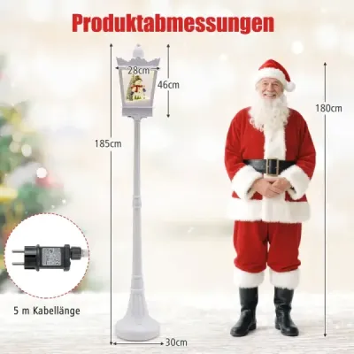 185 cm hudební vánoční pouliční lampa s teplými bílými LED světly a sněhovými efekty, bílá