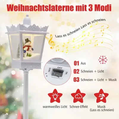 185 cm hudební vánoční pouliční lampa s teplými bílými LED světly a sněhovými efekty, bílá
