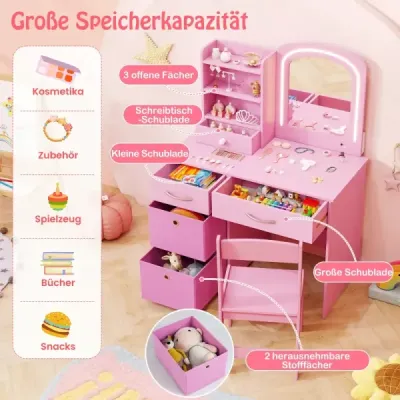 Dětský toaletní stolek s osvětlením, dětský toaletní stolek se zrcadlem, toaletní stolek, růžový