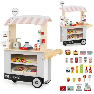 Dětský dřevěný vozík s jídlem na 3 kolečkách s pokladnou, food truck pro děti od 3 let. Šedý.