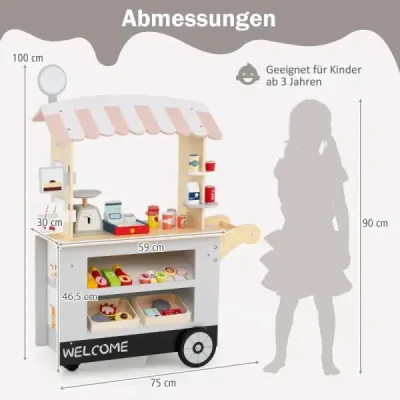 Dětský dřevěný vozík s jídlem na 3 kolečkách s pokladnou, food truck pro děti od 3 let. Šedý.