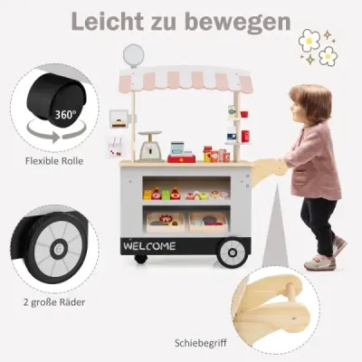 Dětský dřevěný vozík s jídlem na 3 kolečkách s pokladnou, food truck pro děti od 3 let. Šedý.