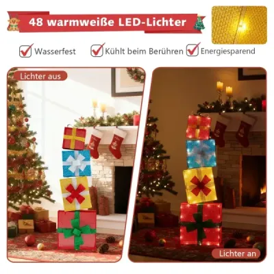 120 cm osvětlené dárkové krabičky, sada 2D vánočních dekorací s LED světly, 4 vánoční dárkové krabičky naskládané na sebe, vícebarevné