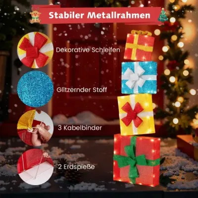 120 cm osvětlené dárkové krabičky, sada 2D vánočních dekorací s LED světly, 4 vánoční dárkové krabičky naskládané na sebe, vícebarevné