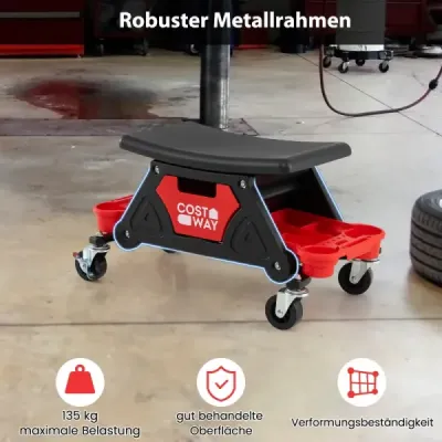Odolná dílenská stolička pro mechaniky na kolečkách s výsuvnou zásuvkou a 2 přihrádkami, nosnost 135 kg, černá