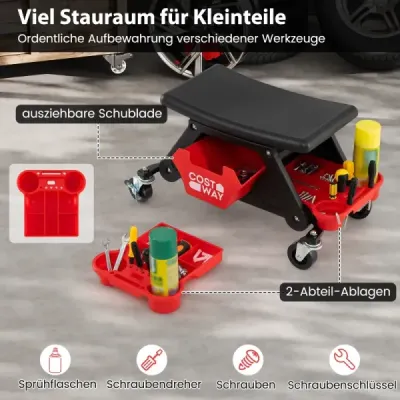 Odolná dílenská stolička pro mechaniky na kolečkách s výsuvnou zásuvkou a 2 přihrádkami, nosnost 135 kg, černá
