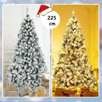 225 cm umělý vánoční stromek se sněhovými a teplými bílými LED světly Vánoční stromek jehly z PVC