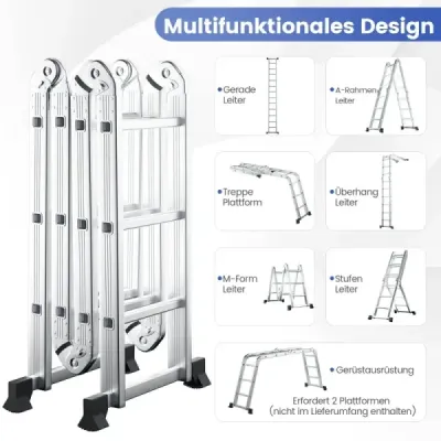 Víceúčelový žebřík 7 v 1 z hliníku, lešenářský žebřík, nosnost až 150 kg, 370,5 cm, stříbrná