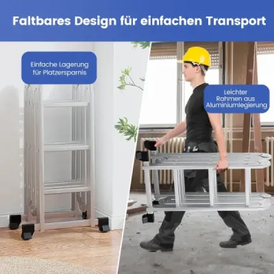 Víceúčelový žebřík 7 v 1 z hliníku, lešenářský žebřík, nosnost až 150 kg, 370,5 cm, stříbrná
