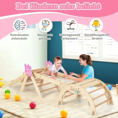 4dílná sada prolézaček se skluzavkou, lezeckým obloukem a sítí, skládací lezecký trojúhelník, přírodní povrchová úprava