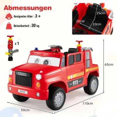 Dětské elektrické auto s vodní pistolí a dálkovým ovládáním, 12V elektrické hasičské auto