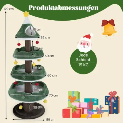 179 cm vánoční strom pro kočky se 3 plošinami a 11 koulemi, kočičí strom, kočičí nábytek