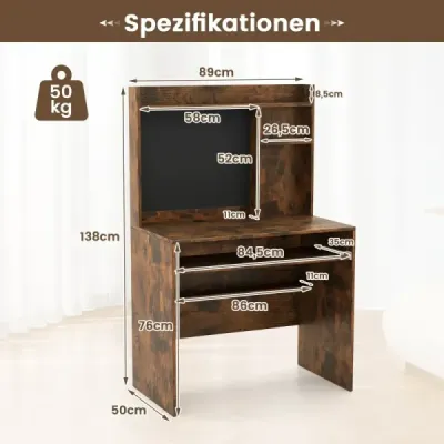 Počítačový stůl s magnetickou nástěnkou, kancelářský stůl s přihrádkou a odkládacím prostorem pro klávesnici, hnědý