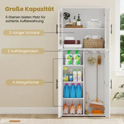 Skříňka na smeták se 2 háčky a skleněnými dvířky Dřevěná vysoká skříňka Víceúčelová skříňka Skříňka do domácnosti
