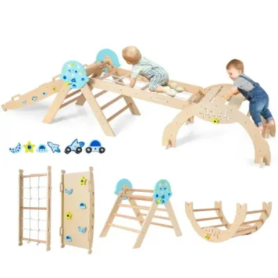 Montessori prolézačka 9 v 1 s lezeckým obloukem, lezeckým lanem a žebříkem, dřevěný lezecký trojúhelník, přírodní