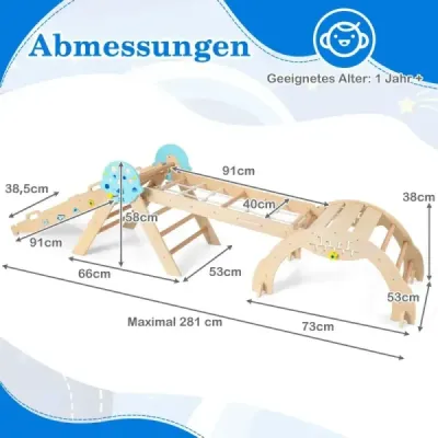 Montessori prolézačka 9 v 1 s lezeckým obloukem, lezeckým lanem a žebříkem, dřevěný lezecký trojúhelník, přírodní