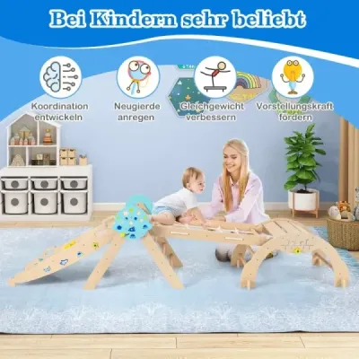 Montessori prolézačka 9 v 1 s lezeckým obloukem, lezeckým lanem a žebříkem, dřevěný lezecký trojúhelník, přírodní