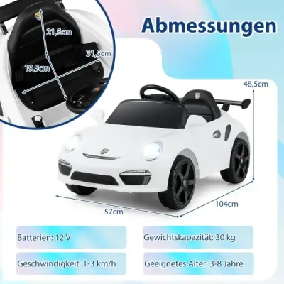 12V dětské elektrické auto s dálkovým ovládáním a pozvolným startem, licencované elektrické vozidlo Porsche, bílé