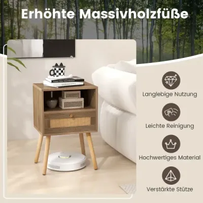 Noční stolek s ratanovým obložením, malý odkládací stolek v boho stylu se zásuvkou, přírodní
