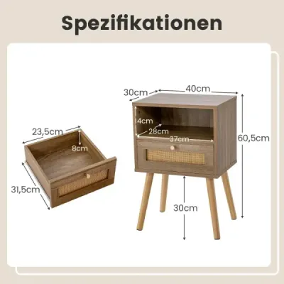 Noční stolek s ratanovým obložením, malý odkládací stolek v boho stylu se zásuvkou, přírodní