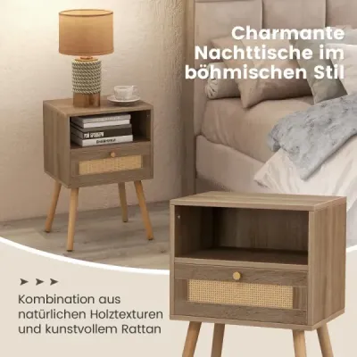 Noční stolek s ratanovým obložením, malý odkládací stolek v boho stylu se zásuvkou, přírodní