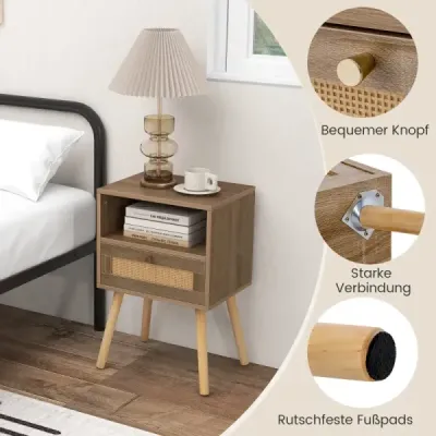 Noční stolek s ratanovým obložením, malý odkládací stolek v boho stylu se zásuvkou, přírodní