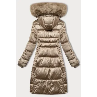 Zimowa pikowana kurtka plus size z kapturem S\'west beżowa (B8267-12)