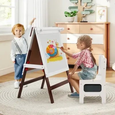 Dětský stojan s židlí, výškově nastavitelná dětská tabule s tabulí a bílou tabulí, hnědá