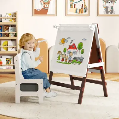 Dětský stojan s židlí, výškově nastavitelná dětská tabule s tabulí a bílou tabulí, hnědá