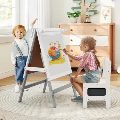 Dětský stojan s židlí, výškově nastavitelná dětská tabule s tabulí a bílou tabulí, šedá