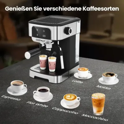 Espresso kávovar 20 barů 1200 W Espresso kávovar s napěňovačem mléka s parou 18l odnímatelná nádržka na vodu Černá