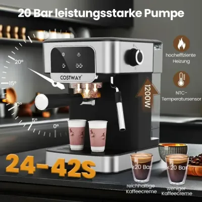 Espresso kávovar 20 barů 1200 W Espresso kávovar s napěňovačem mléka s parou 18l odnímatelná nádržka na vodu Černá