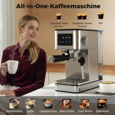 Portafiltrový kávovar s napěňovačem mléka, 20barový espresso kávovar s dotykovou obrazovkou