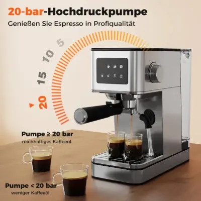 Portafiltrový kávovar s napěňovačem mléka, 20barový espresso kávovar s dotykovou obrazovkou