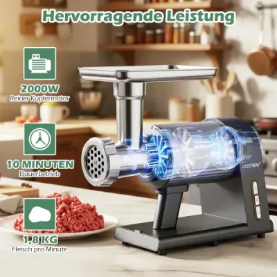 Elektrický mlýnek na maso 2000W mlýnek na maso se 3 náplněmi na klobásy, 3 perforovanými kotouči, sadou kibbeh, černý