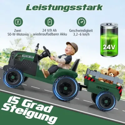 24V dětský elektrický traktor s přívěsem, elektrické vozidlo s odnímatelným přívěsem, dálkové ovládání, tmavě zelený