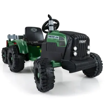 24V dětský elektrický traktor s přívěsem, elektrické vozidlo s odnímatelným přívěsem, dálkové ovládání, tmavě zelený