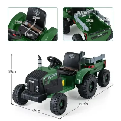 24V dětský elektrický traktor s přívěsem, elektrické vozidlo s odnímatelným přívěsem, dálkové ovládání, tmavě zelený