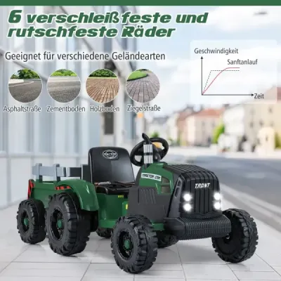 24V dětský elektrický traktor s přívěsem, elektrické vozidlo s odnímatelným přívěsem, dálkové ovládání, tmavě zelený