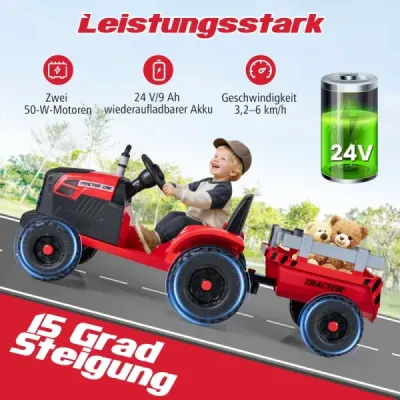 24V dětský elektrický traktor s přívěsem, elektrické vozidlo s odnímatelným přívěsem, dálkové ovládání, červený