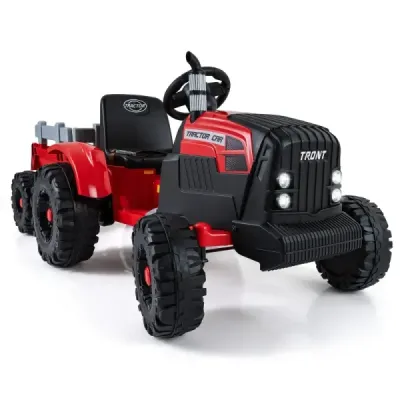 24V dětský elektrický traktor s přívěsem, elektrické vozidlo s odnímatelným přívěsem, dálkové ovládání, červený