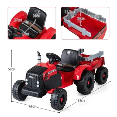 24V dětský elektrický traktor s přívěsem, elektrické vozidlo s odnímatelným přívěsem, dálkové ovládání, červený