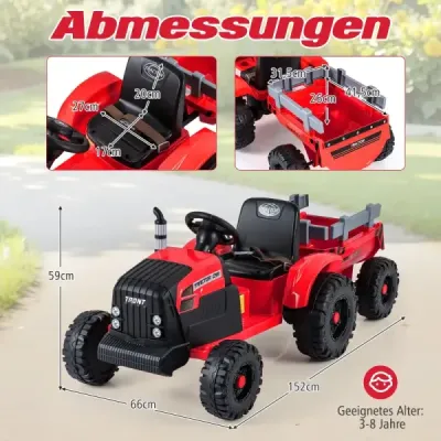 24V dětský elektrický traktor s přívěsem, elektrické vozidlo s odnímatelným přívěsem, dálkové ovládání, červený